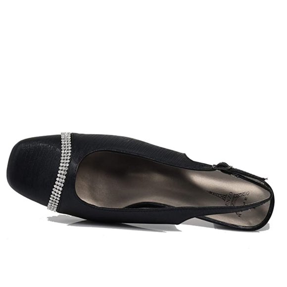 Women's Wide Width Sling Back Low Heeled Pumps Sandals Shoes Dressy Satin Stones - Picture 2 of 5